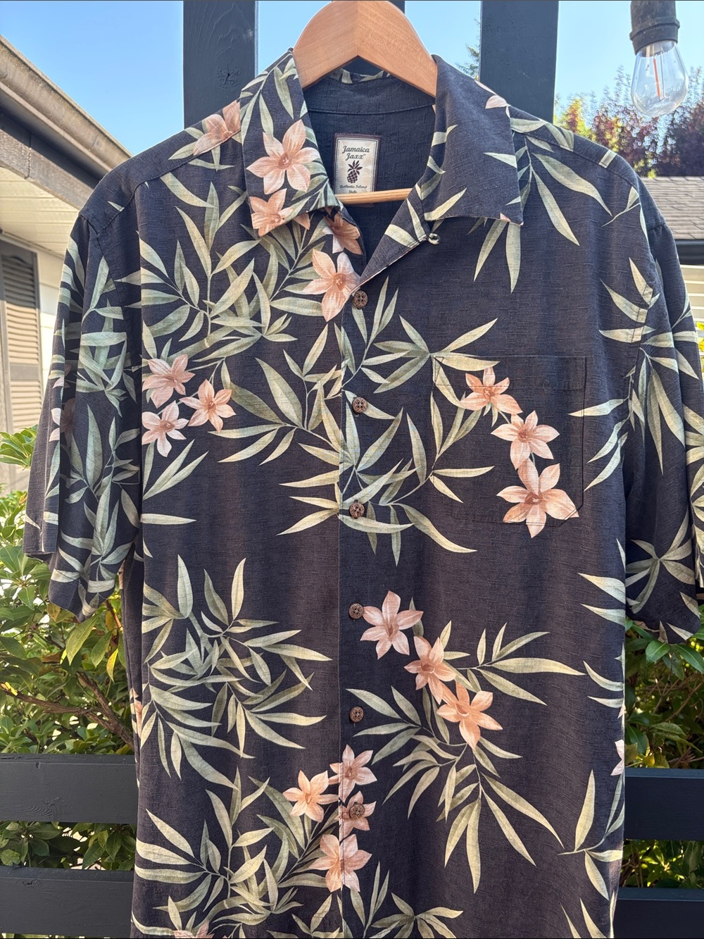 Jamaica Jaxx Black Floral Button-Down Camp Shirt with Peach Flowers